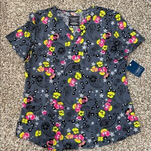 Cherokee Gray Scrub Top with Floral and Paisley Design XS - NWT